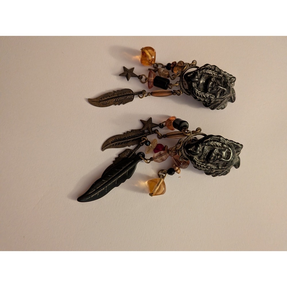 Vintage Bohemian‎ Clip On Earrings Figural Face Feather Star Bead Dangle Black